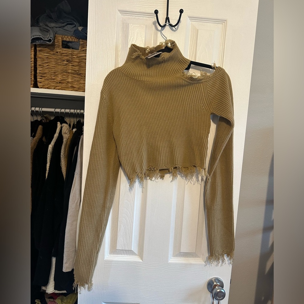 Cropped Gold Sweater with Shoulder Cut Out - Brand New with Tags